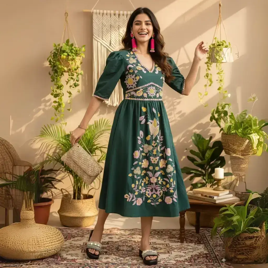 V-Neck Maxi Dress with Flared Contrast Cuffs