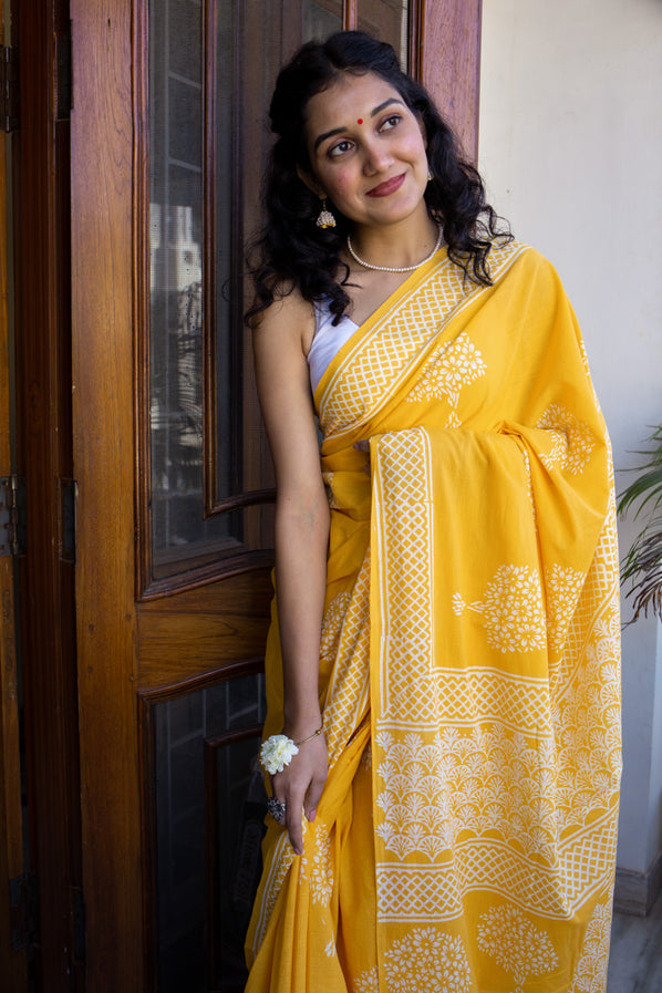 Haldi Yellow Hand Block Print Mulmul Cotton Bagru Saree